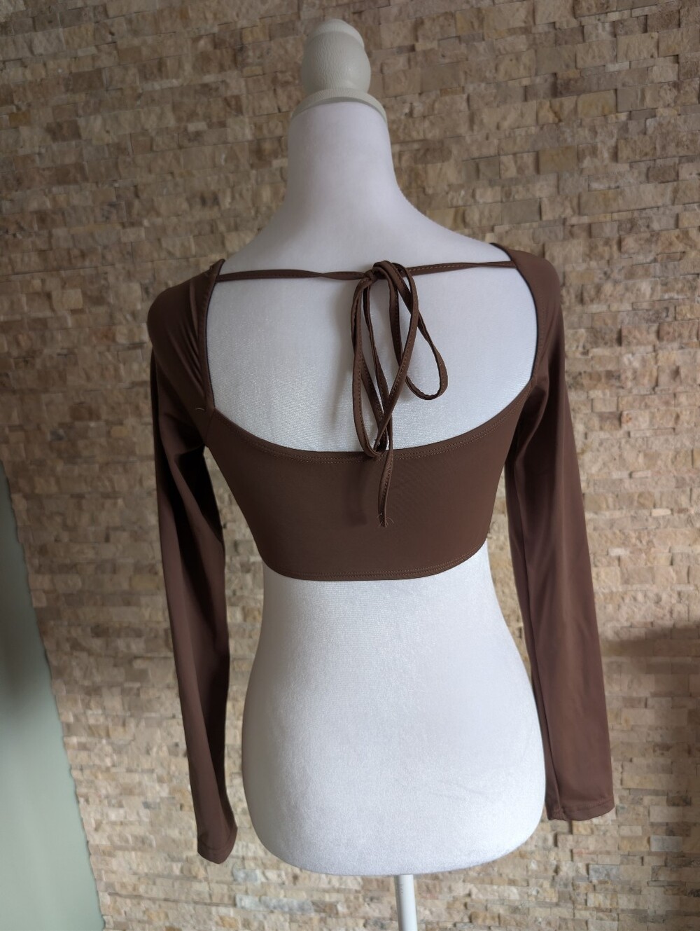 Chocolate Brown Club Core Long Sleeve Cropped Bustier Top Tie Back Sexy Sz S Pet image 3